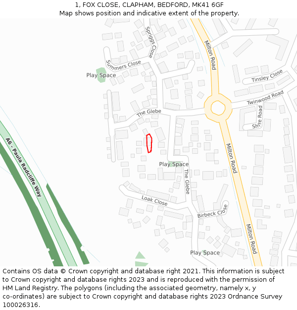 1, FOX CLOSE, CLAPHAM, BEDFORD, MK41 6GF: Location map and indicative extent of plot