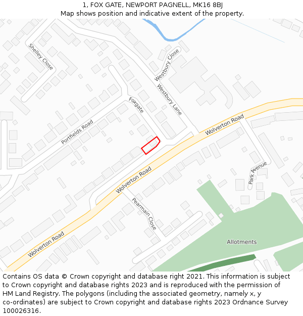 1, FOX GATE, NEWPORT PAGNELL, MK16 8BJ: Location map and indicative extent of plot