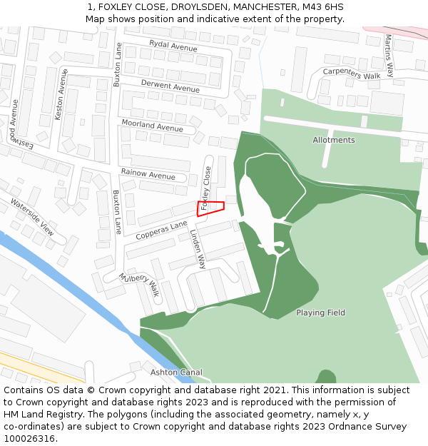 1, FOXLEY CLOSE, DROYLSDEN, MANCHESTER, M43 6HS: Location map and indicative extent of plot