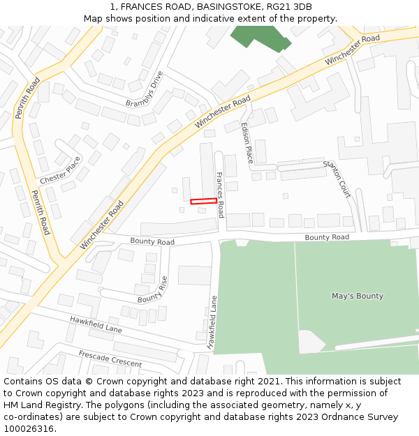 1, FRANCES ROAD, BASINGSTOKE, RG21 3DB: Location map and indicative extent of plot