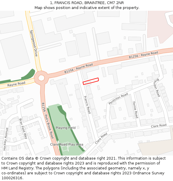 1, FRANCIS ROAD, BRAINTREE, CM7 2NR: Location map and indicative extent of plot