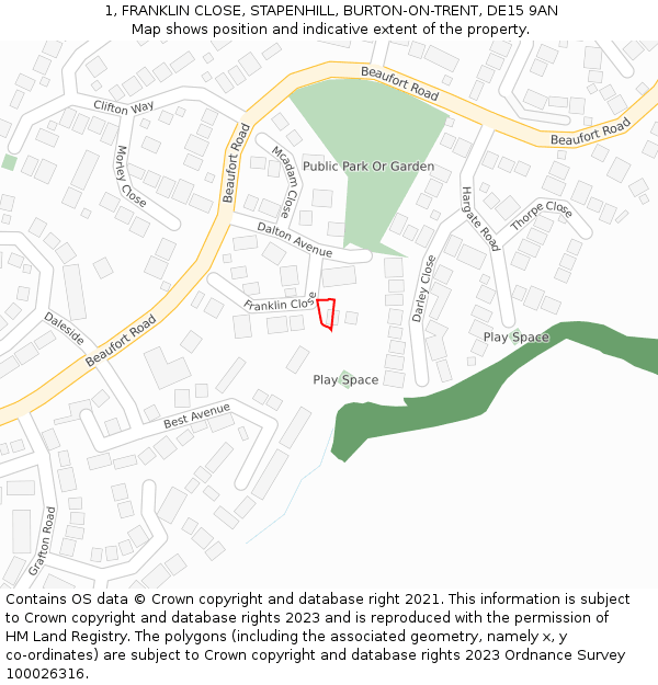 1, FRANKLIN CLOSE, STAPENHILL, BURTON-ON-TRENT, DE15 9AN: Location map and indicative extent of plot