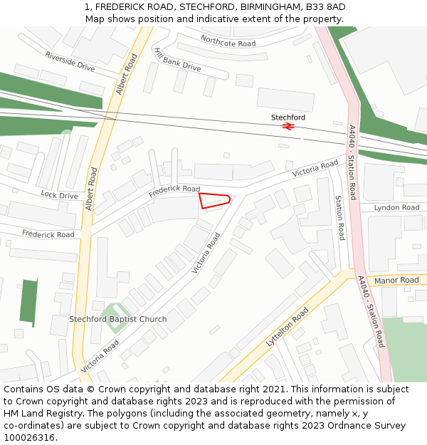1, FREDERICK ROAD, STECHFORD, BIRMINGHAM, B33 8AD: Location map and indicative extent of plot