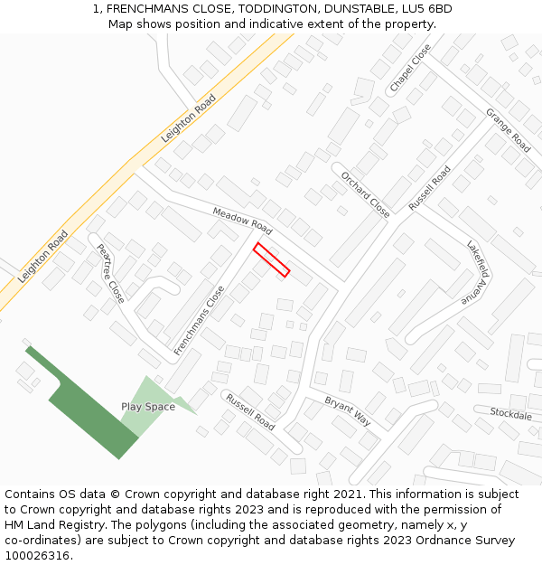1, FRENCHMANS CLOSE, TODDINGTON, DUNSTABLE, LU5 6BD: Location map and indicative extent of plot