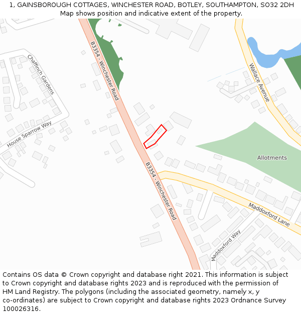 1, GAINSBOROUGH COTTAGES, WINCHESTER ROAD, BOTLEY, SOUTHAMPTON, SO32 2DH: Location map and indicative extent of plot
