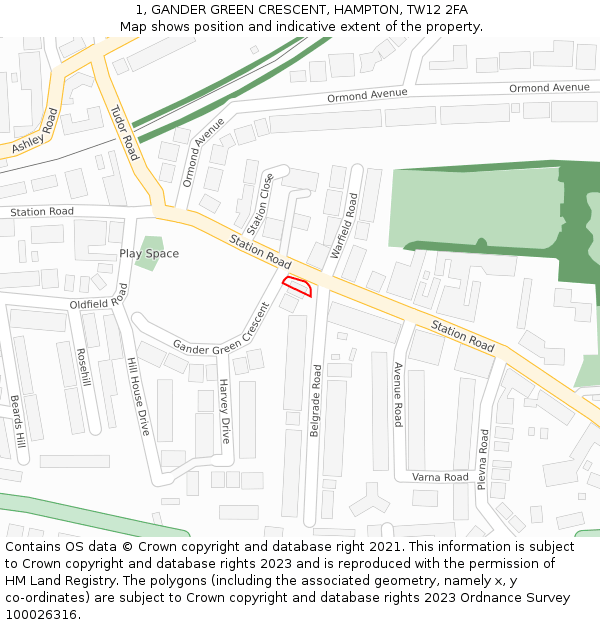 1, GANDER GREEN CRESCENT, HAMPTON, TW12 2FA: Location map and indicative extent of plot
