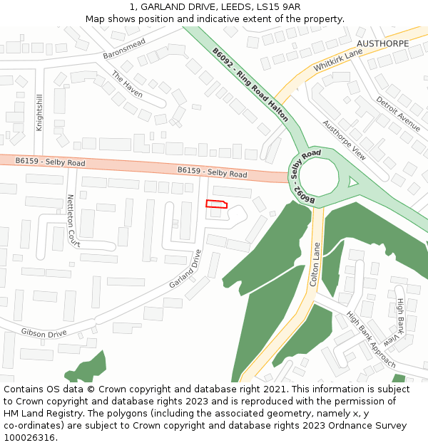 1, GARLAND DRIVE, LEEDS, LS15 9AR: Location map and indicative extent of plot