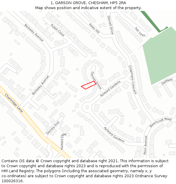 1, GARSON GROVE, CHESHAM, HP5 2RA: Location map and indicative extent of plot