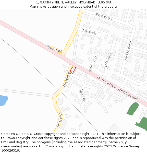 1, GARTH Y FELIN, VALLEY, HOLYHEAD, LL65 3FA: Location map and indicative extent of plot