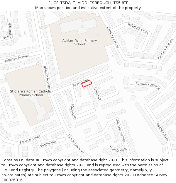 1, GELTSDALE, MIDDLESBROUGH, TS5 8TF: Location map and indicative extent of plot