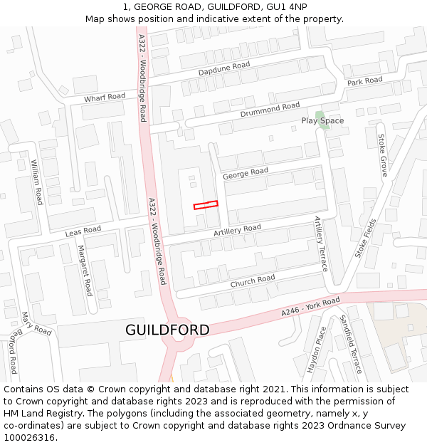 1, GEORGE ROAD, GUILDFORD, GU1 4NP: Location map and indicative extent of plot