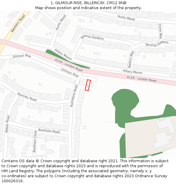 1, GILMOUR RISE, BILLERICAY, CM12 9NB: Location map and indicative extent of plot