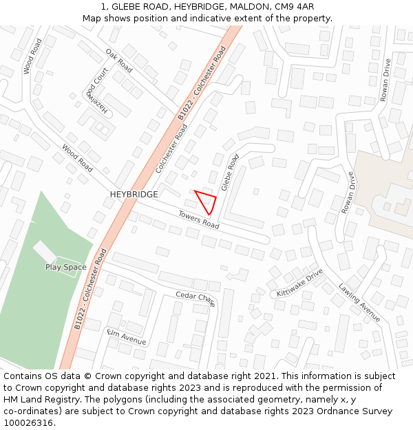 1, GLEBE ROAD, HEYBRIDGE, MALDON, CM9 4AR: Location map and indicative extent of plot