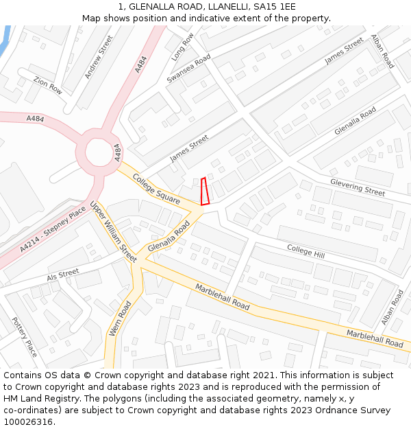 1, GLENALLA ROAD, LLANELLI, SA15 1EE: Location map and indicative extent of plot