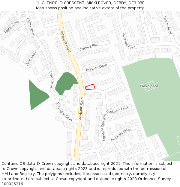 1, GLENFIELD CRESCENT, MICKLEOVER, DERBY, DE3 0RF: Location map and indicative extent of plot