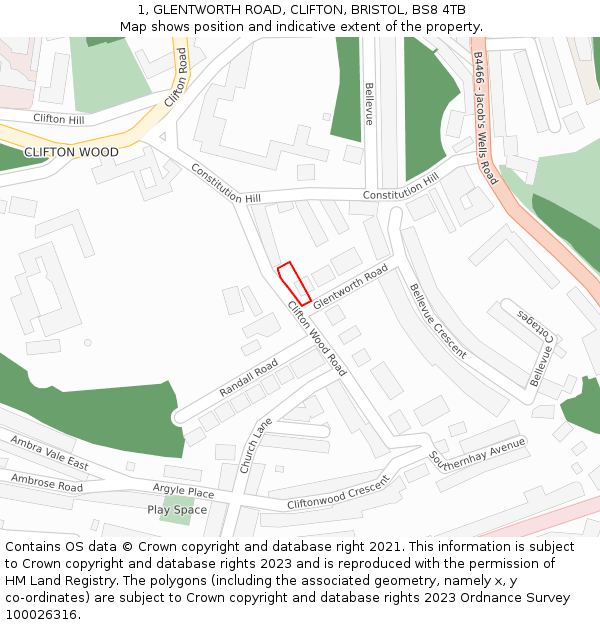 1, GLENTWORTH ROAD, CLIFTON, BRISTOL, BS8 4TB: Location map and indicative extent of plot