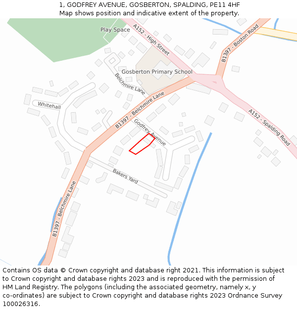 1, GODFREY AVENUE, GOSBERTON, SPALDING, PE11 4HF: Location map and indicative extent of plot