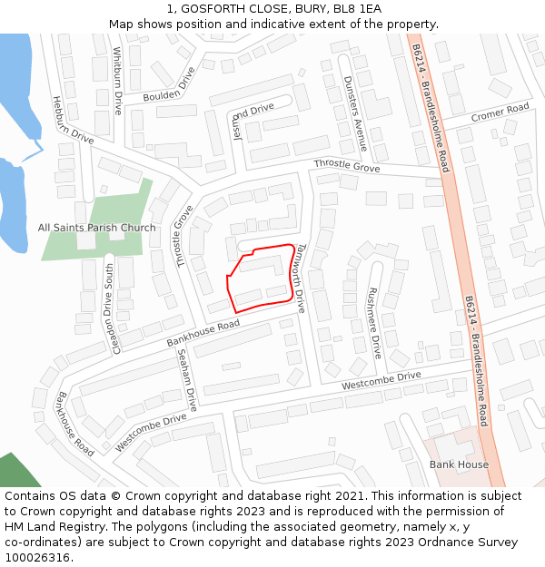 1, GOSFORTH CLOSE, BURY, BL8 1EA: Location map and indicative extent of plot