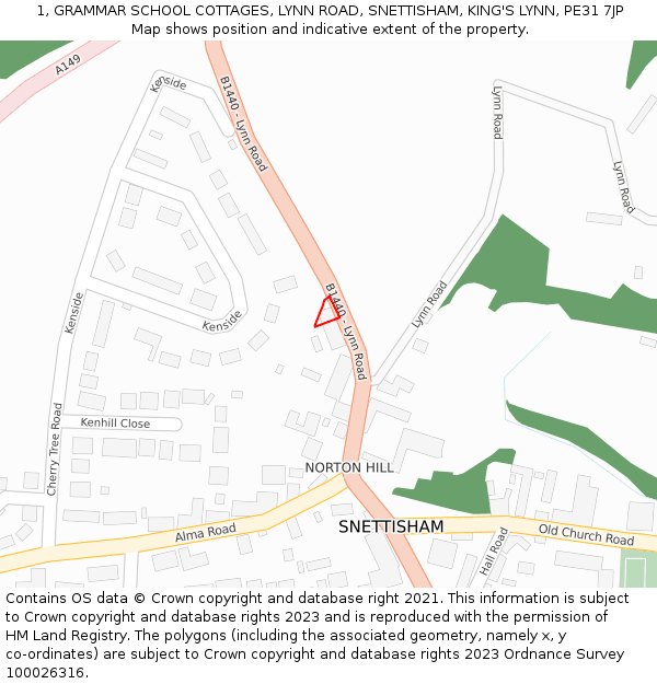 1, GRAMMAR SCHOOL COTTAGES, LYNN ROAD, SNETTISHAM, KING'S LYNN, PE31 7JP: Location map and indicative extent of plot