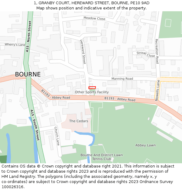 1, GRANBY COURT, HEREWARD STREET, BOURNE, PE10 9AD: Location map and indicative extent of plot