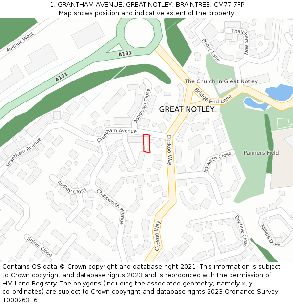 1, GRANTHAM AVENUE, GREAT NOTLEY, BRAINTREE, CM77 7FP: Location map and indicative extent of plot