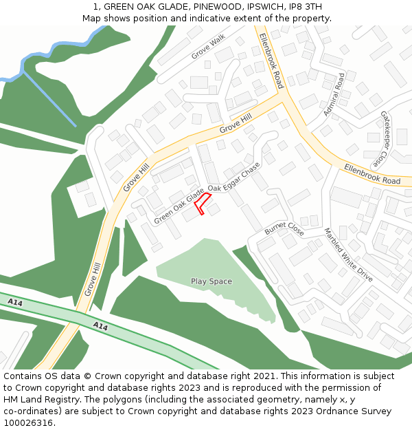 1, GREEN OAK GLADE, PINEWOOD, IPSWICH, IP8 3TH: Location map and indicative extent of plot