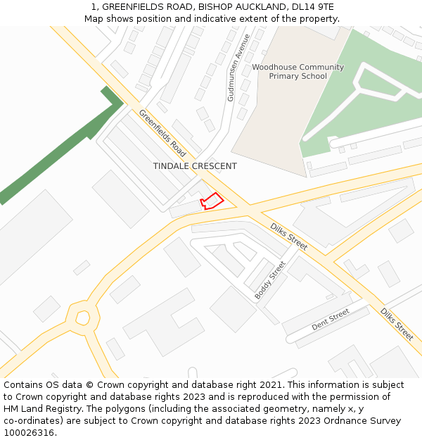 1, GREENFIELDS ROAD, BISHOP AUCKLAND, DL14 9TE: Location map and indicative extent of plot