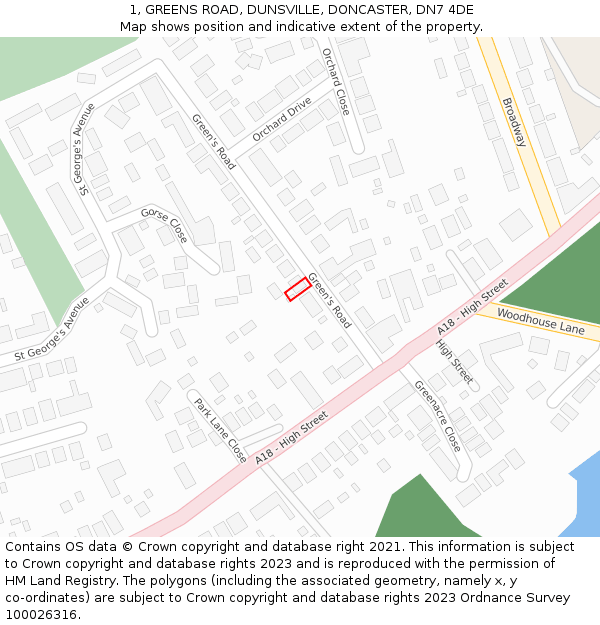 1, GREENS ROAD, DUNSVILLE, DONCASTER, DN7 4DE: Location map and indicative extent of plot