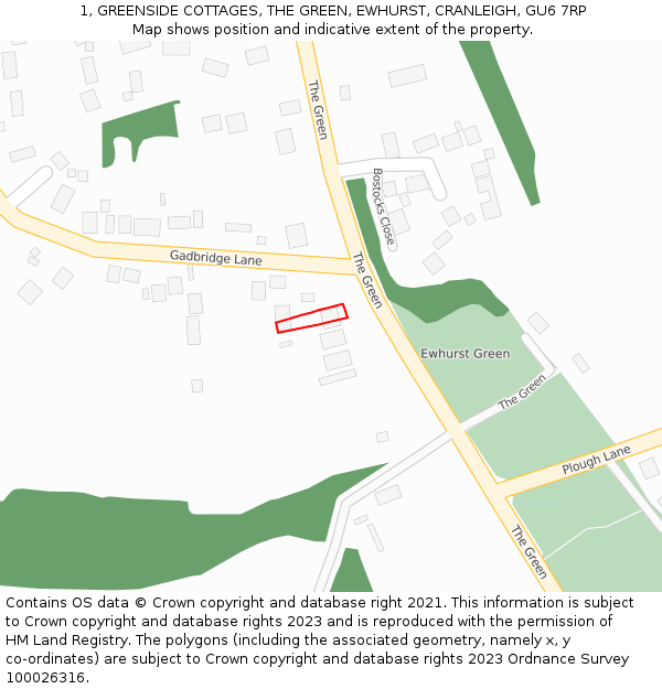 1, GREENSIDE COTTAGES, THE GREEN, EWHURST, CRANLEIGH, GU6 7RP: Location map and indicative extent of plot