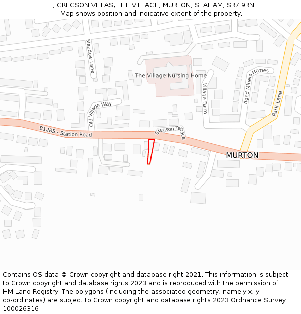 1, GREGSON VILLAS, THE VILLAGE, MURTON, SEAHAM, SR7 9RN: Location map and indicative extent of plot