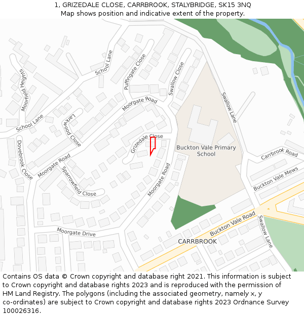 1, GRIZEDALE CLOSE, CARRBROOK, STALYBRIDGE, SK15 3NQ: Location map and indicative extent of plot