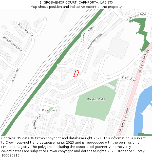 1, GROSVENOR COURT, CARNFORTH, LA5 9TX: Location map and indicative extent of plot