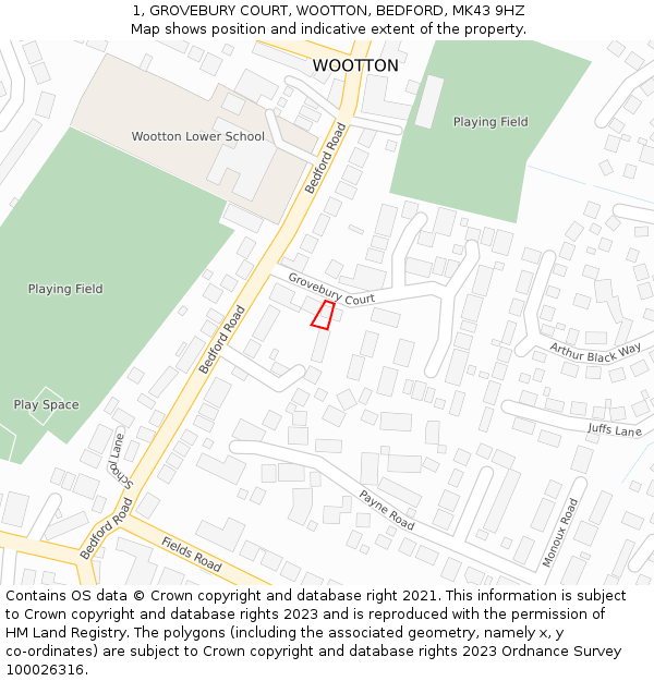 1, GROVEBURY COURT, WOOTTON, BEDFORD, MK43 9HZ: Location map and indicative extent of plot