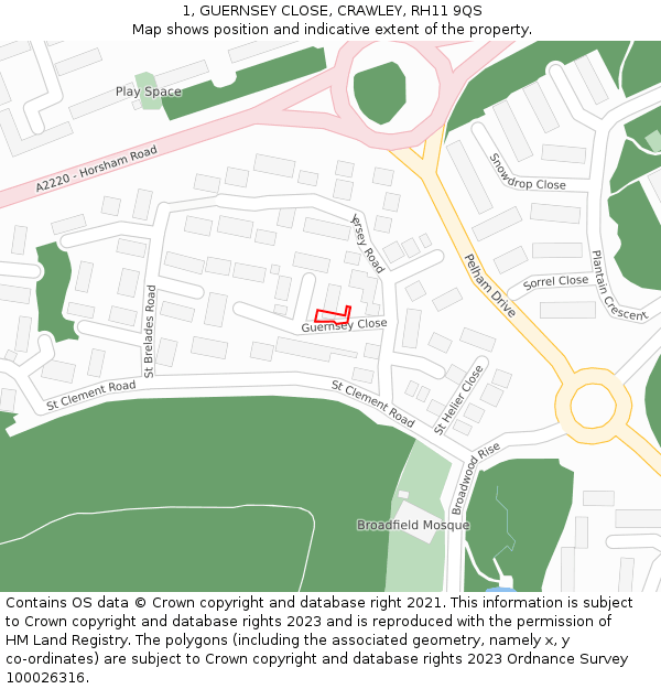 1, GUERNSEY CLOSE, CRAWLEY, RH11 9QS: Location map and indicative extent of plot