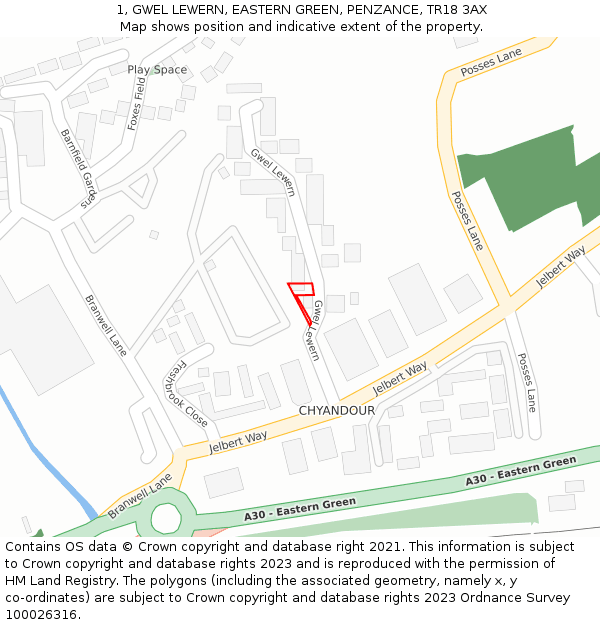 1, GWEL LEWERN, EASTERN GREEN, PENZANCE, TR18 3AX: Location map and indicative extent of plot