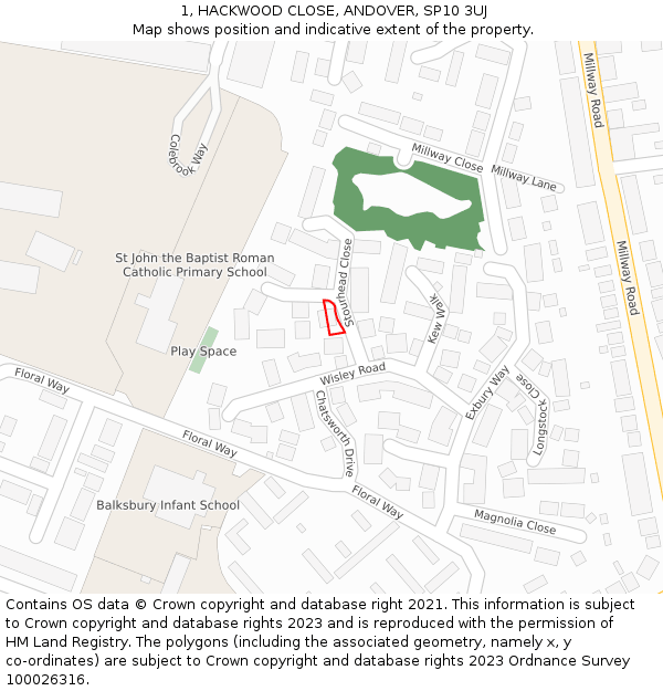 1, HACKWOOD CLOSE, ANDOVER, SP10 3UJ: Location map and indicative extent of plot