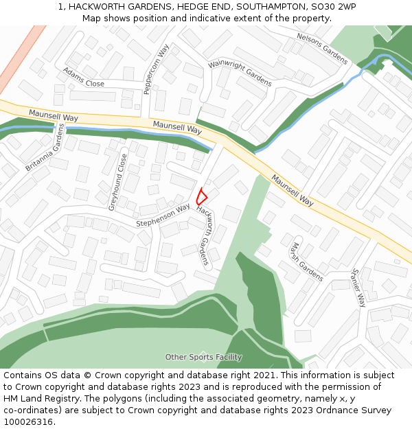 1, HACKWORTH GARDENS, HEDGE END, SOUTHAMPTON, SO30 2WP: Location map and indicative extent of plot