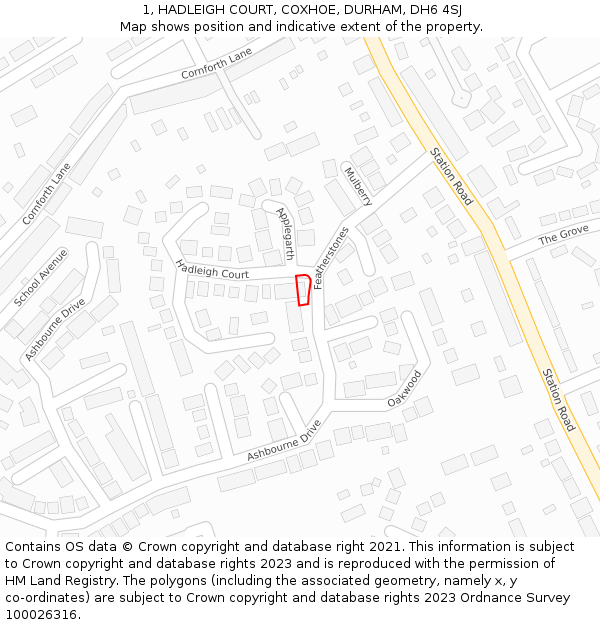 1, HADLEIGH COURT, COXHOE, DURHAM, DH6 4SJ: Location map and indicative extent of plot