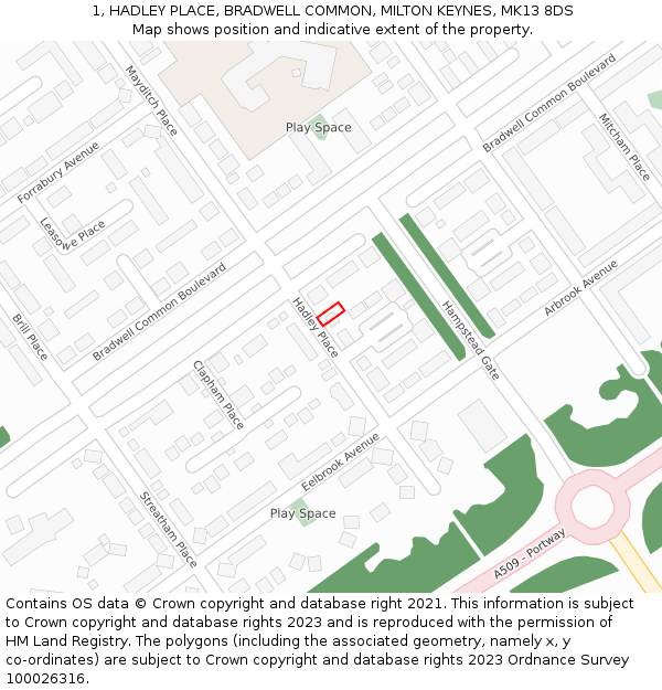 1, HADLEY PLACE, BRADWELL COMMON, MILTON KEYNES, MK13 8DS: Location map and indicative extent of plot