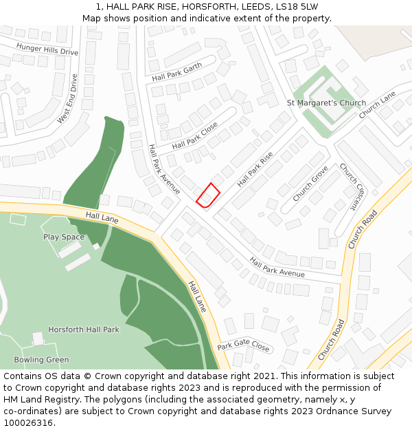 1, HALL PARK RISE, HORSFORTH, LEEDS, LS18 5LW: Location map and indicative extent of plot