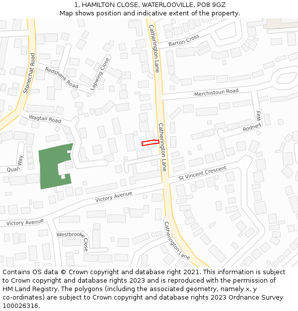 1, HAMILTON CLOSE, WATERLOOVILLE, PO8 9GZ: Location map and indicative extent of plot