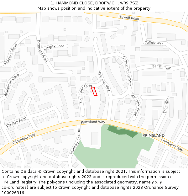 1, HAMMOND CLOSE, DROITWICH, WR9 7SZ: Location map and indicative extent of plot