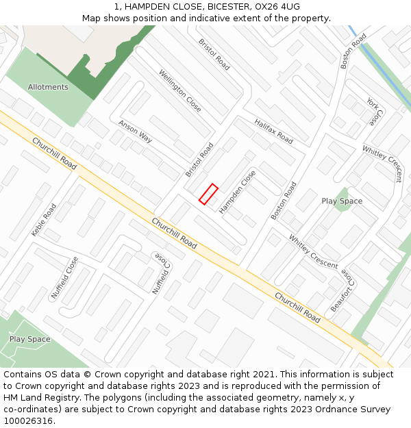 1, HAMPDEN CLOSE, BICESTER, OX26 4UG: Location map and indicative extent of plot