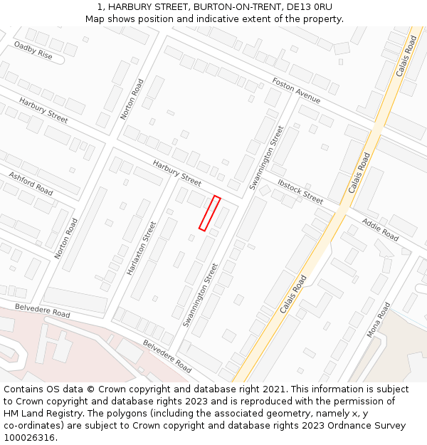 1, HARBURY STREET, BURTON-ON-TRENT, DE13 0RU: Location map and indicative extent of plot