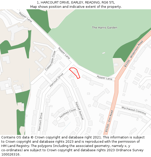 1, HARCOURT DRIVE, EARLEY, READING, RG6 5TL: Location map and indicative extent of plot