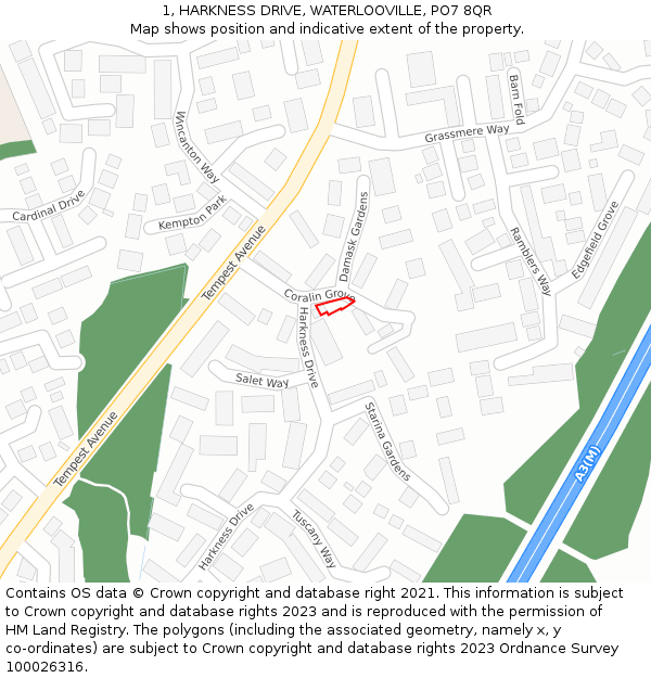 1, HARKNESS DRIVE, WATERLOOVILLE, PO7 8QR: Location map and indicative extent of plot