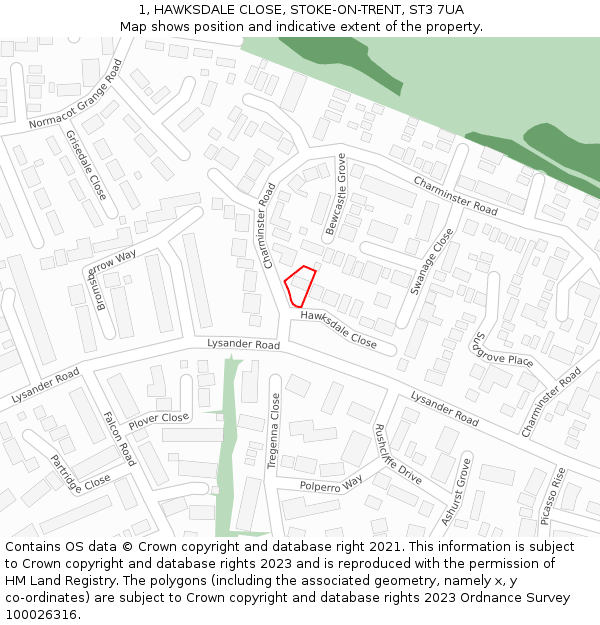 1, HAWKSDALE CLOSE, STOKE-ON-TRENT, ST3 7UA: Location map and indicative extent of plot