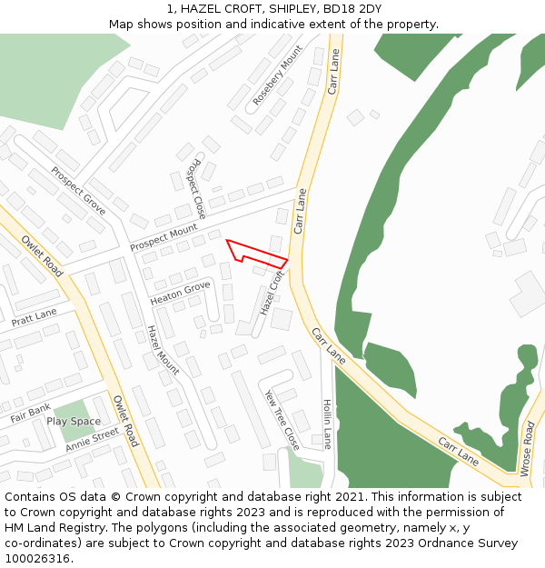 1, HAZEL CROFT, SHIPLEY, BD18 2DY: Location map and indicative extent of plot