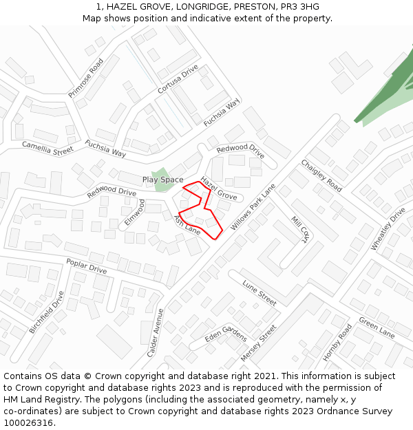 1, HAZEL GROVE, LONGRIDGE, PRESTON, PR3 3HG: Location map and indicative extent of plot