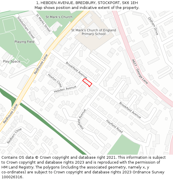1, HEBDEN AVENUE, BREDBURY, STOCKPORT, SK6 1EH: Location map and indicative extent of plot